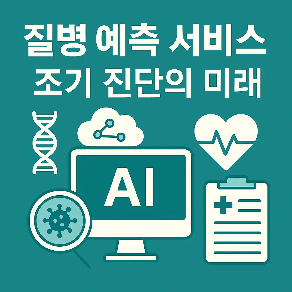 AI 기반 질병 예측 서비스와 조기 진단의 미래를 상징하는 아이콘들과 텍스트 디자인 썸네일 이미지