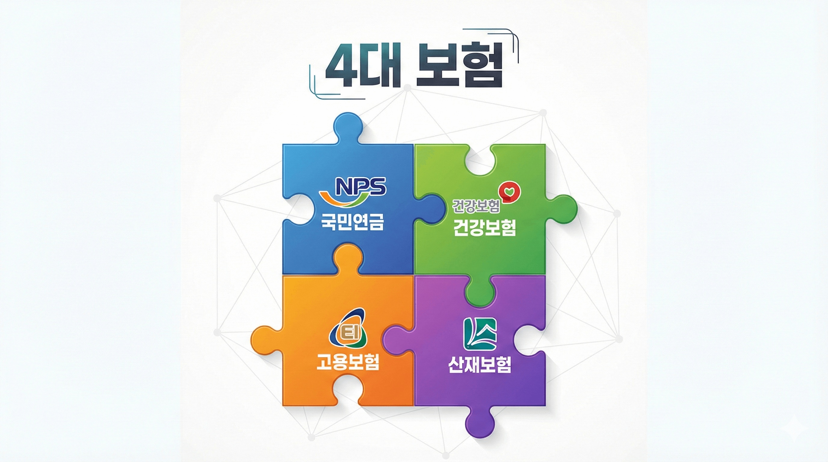 4대 보험 종류인 국민연금, 건강보험, 고용보험, 산재보험 아이콘