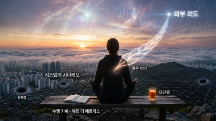 바인더에 중요도 지수를 기록하며 트랜서핑 평형력을 관리하는 실전 수행자의 책상 모습