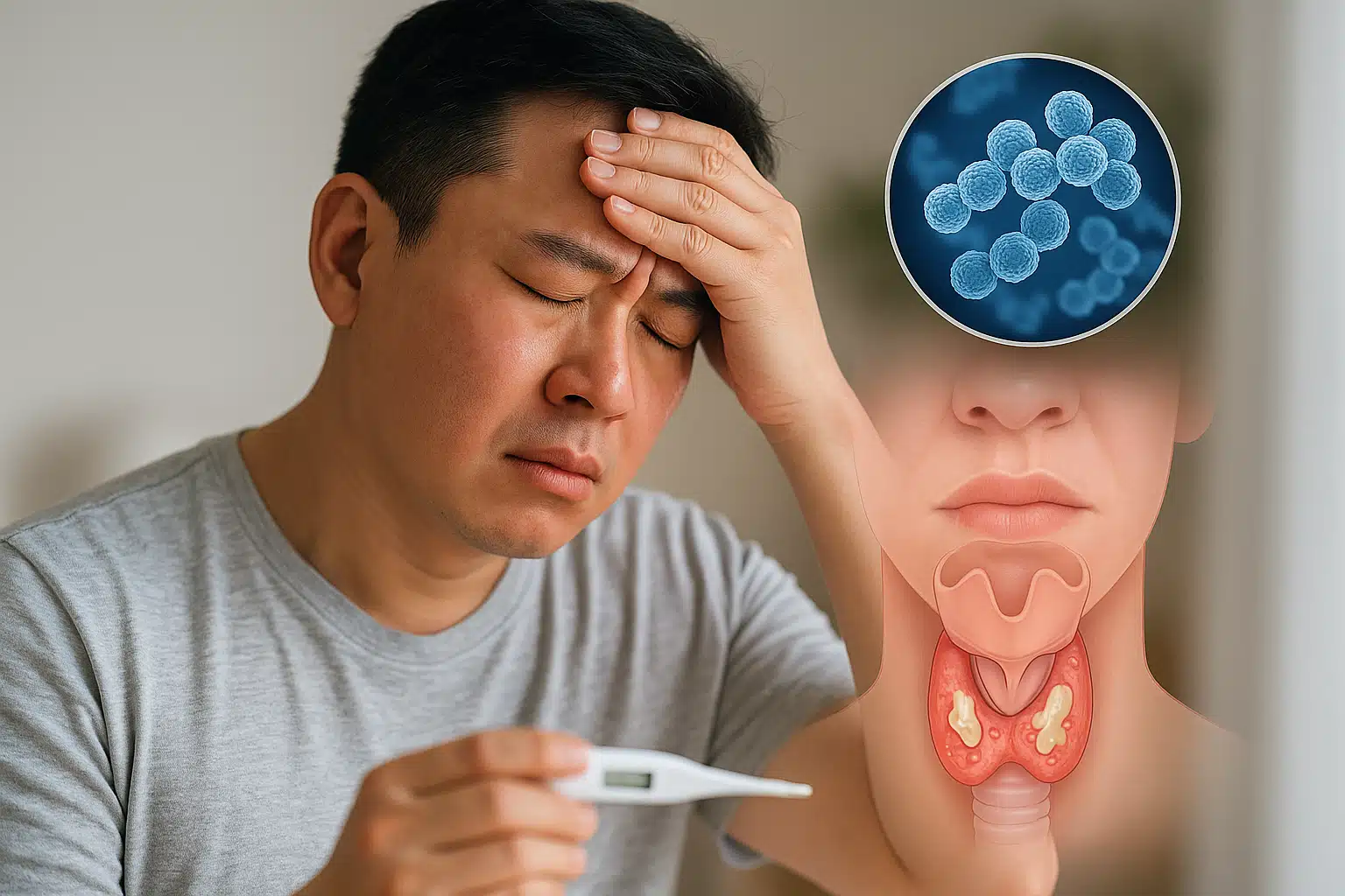 편도선이 붓고 화농성 분비물이 보이는 목 단면도, 높은 열로 이마를 짚는 인물, 세균 입자(연쇄상구균) 확대 이미지