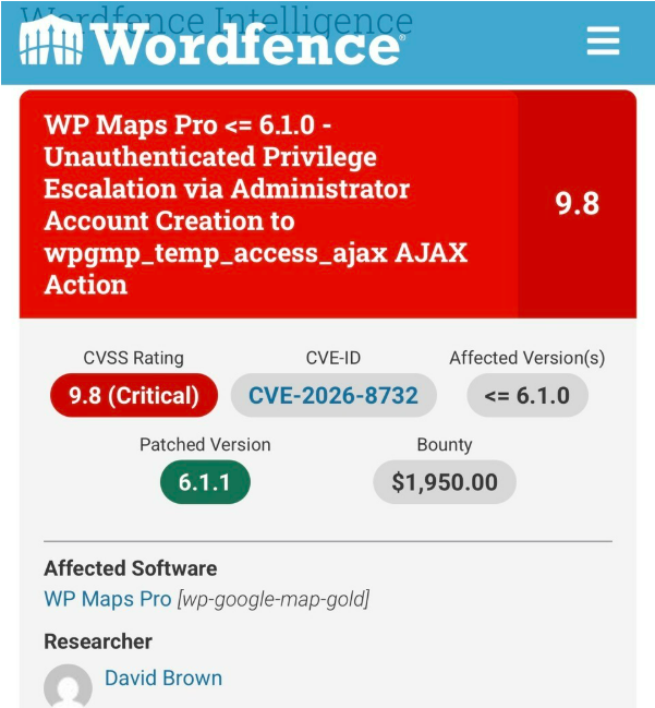 WP 맵스 프로(WP Maps Pro)에서 인증 없이 관리자 계정 생성이 가능한 CVE-2026-8732 악용 시도가 급증하고 있습니다. 국내 사이트 운영자 관점에서 즉시 점검·업데이트·사후 대응까지 한 번에 정리합니다.