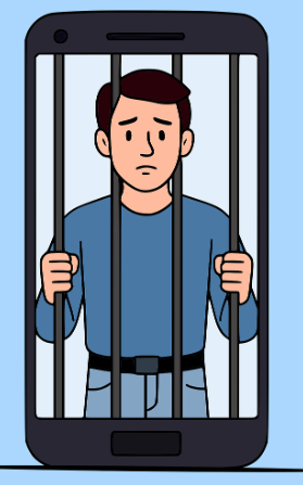 스마트폰 안에 창살 감옥이 있고 그 안에 사람이 갇혀있는 모습