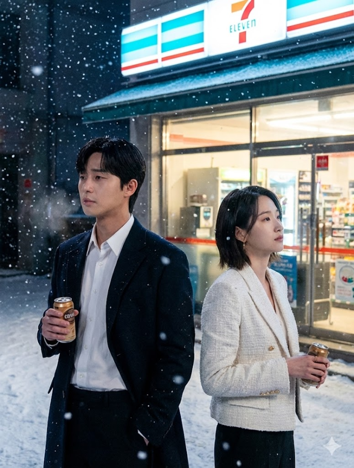 눈 내리는 밤, 편의점 앞에서 캔커피를 든 채 서로 다른 곳을 보는 두 주인공의 쓸쓸한 풀샷