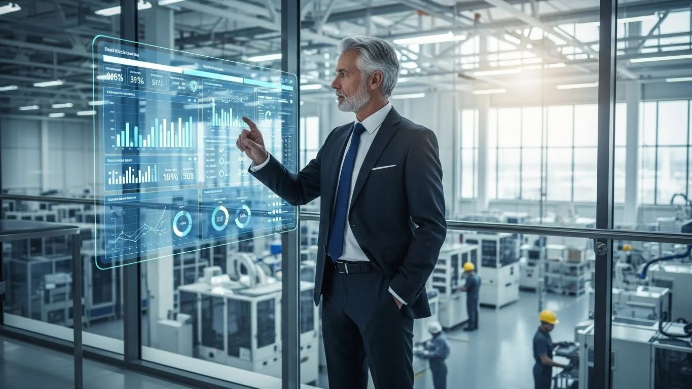 경영진이 사무실에서 공장 전체를 내려다보며 디지털 안전 관리 대시보드를 통해 도급인 안전 리스크 데이터를 분석하는 모습.