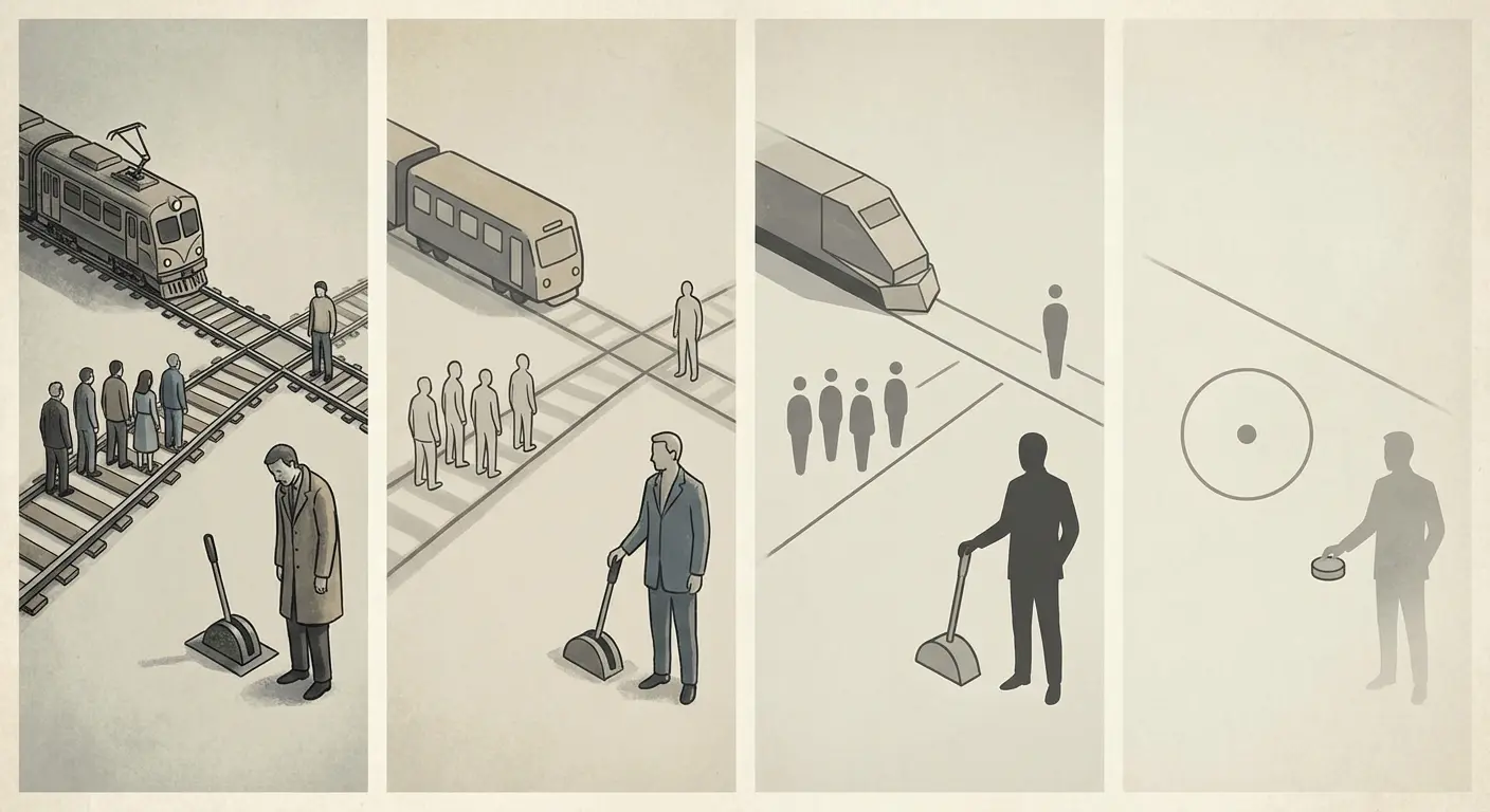 An illustration showing repeated exposure to the trolley problem influencing judgment