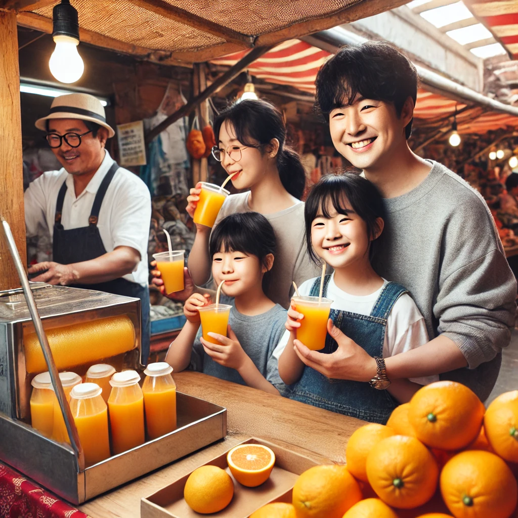 제주 올레시장에서 한라봉 착즙주스를 마시는 사진