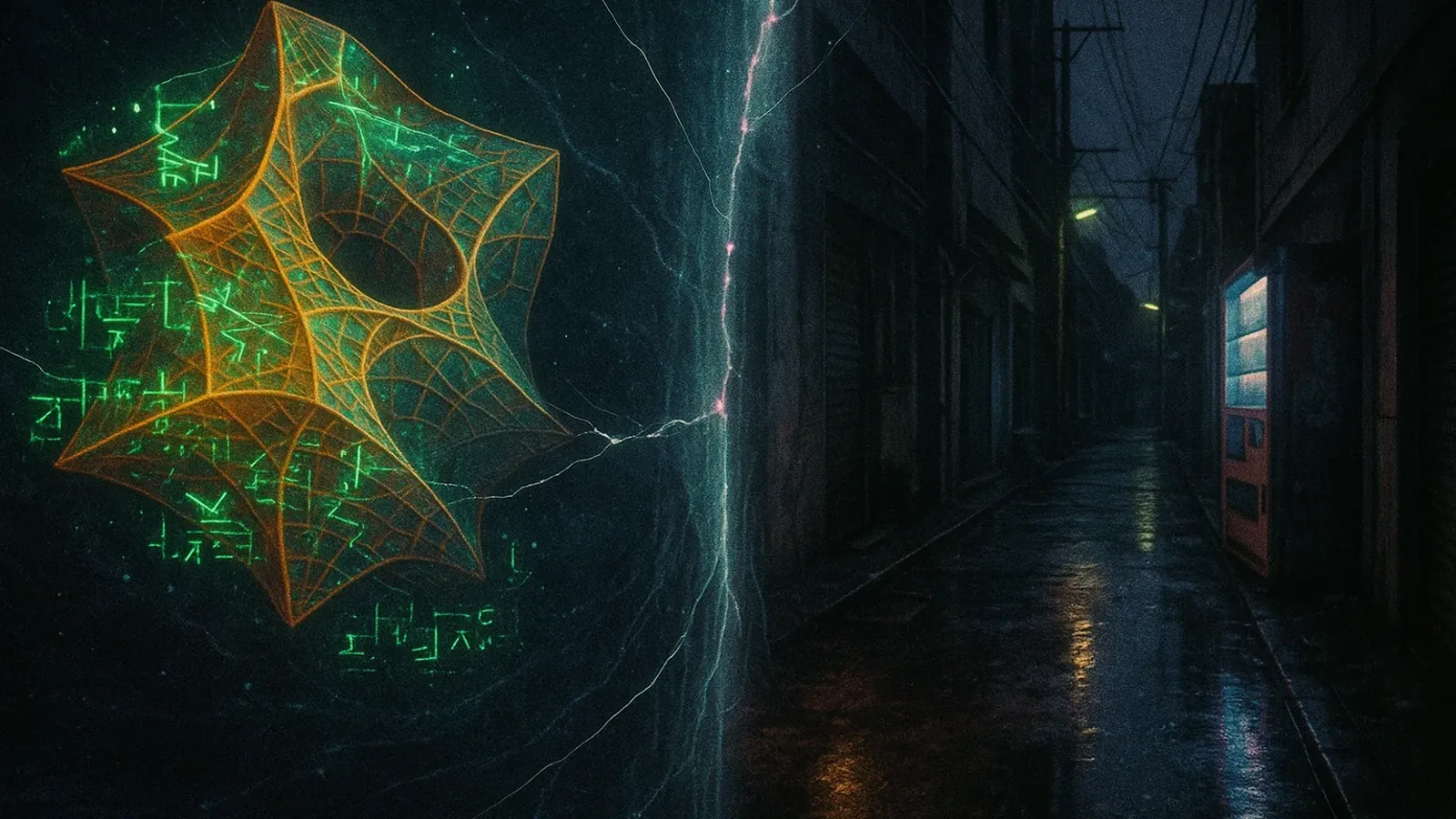 초끈이론의 복잡한 수학적 구조와 현실 사이의 간극을 보여주는 개념적 이미지