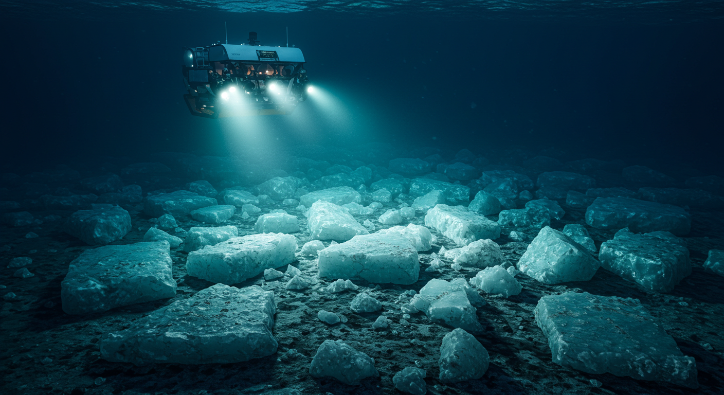 심해 탐사선이 해저 지각에서 메탄 하이드레이트를 조사하는 모습