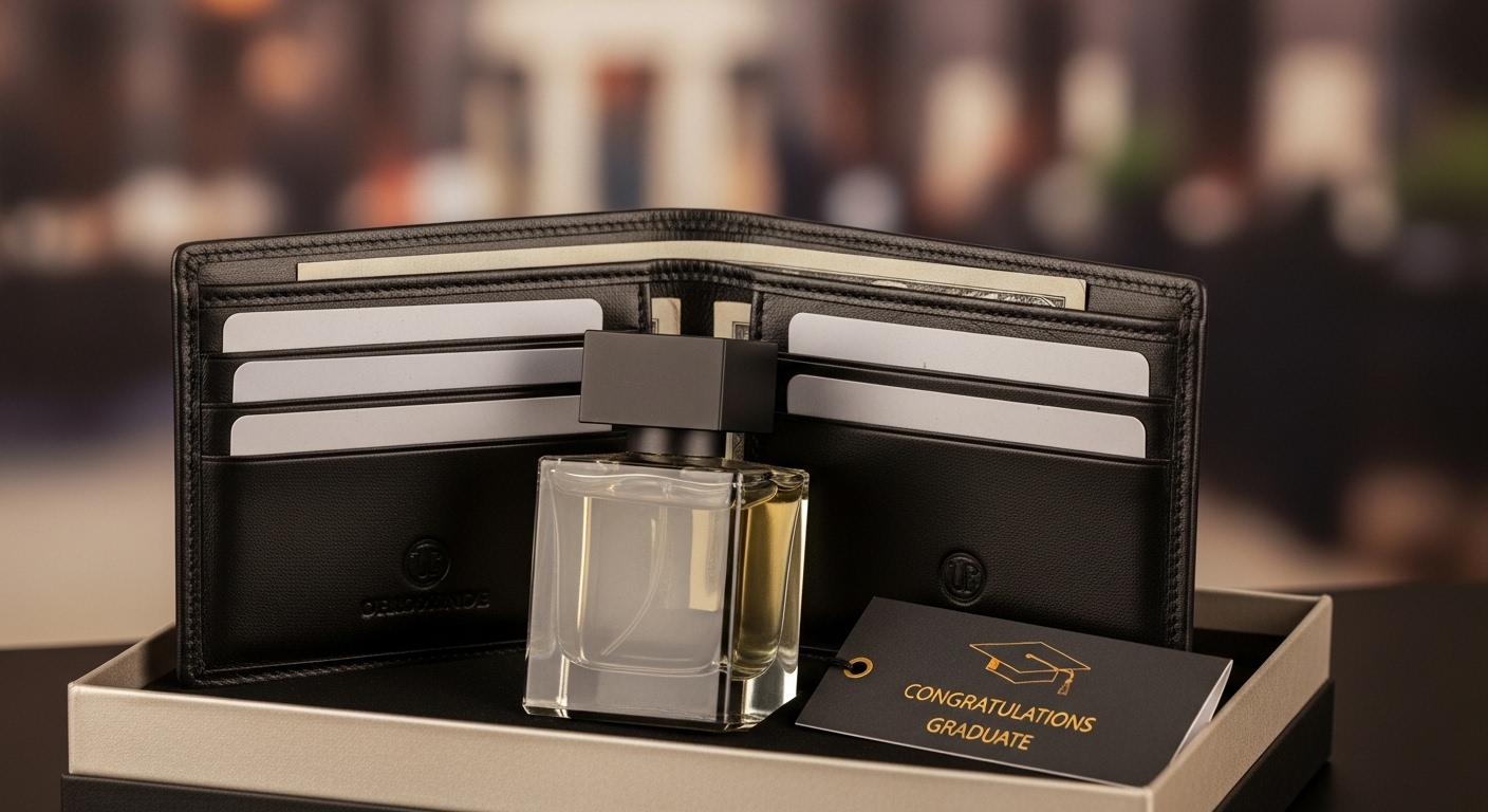 대학교 졸업을 축하하는 명품 가죽 지갑과 향수 세트