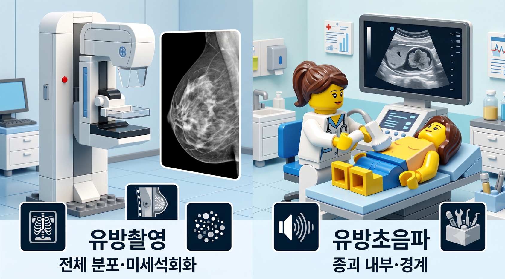 1. 레고 스타일 3D 블록 캐릭터로 표현한 유방촬영과 유방초음파의 기능 및 특징 비교 인포그래픽