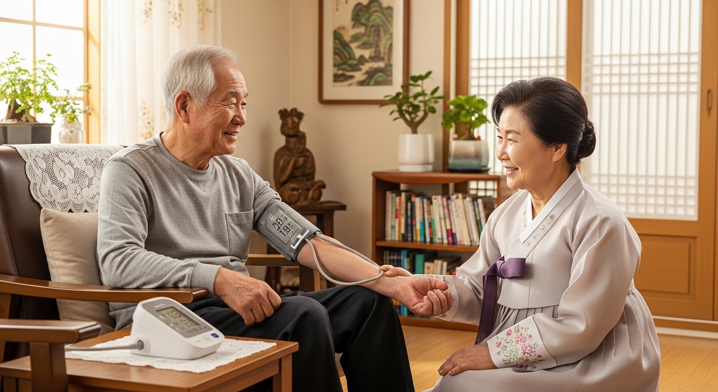 집에서 혈압을 측정하는 60대 부부 모습