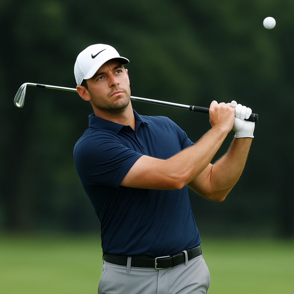 남자 프로 골퍼의 롱 아이언 임팩후 날아가는 볼을 바라보는 모습