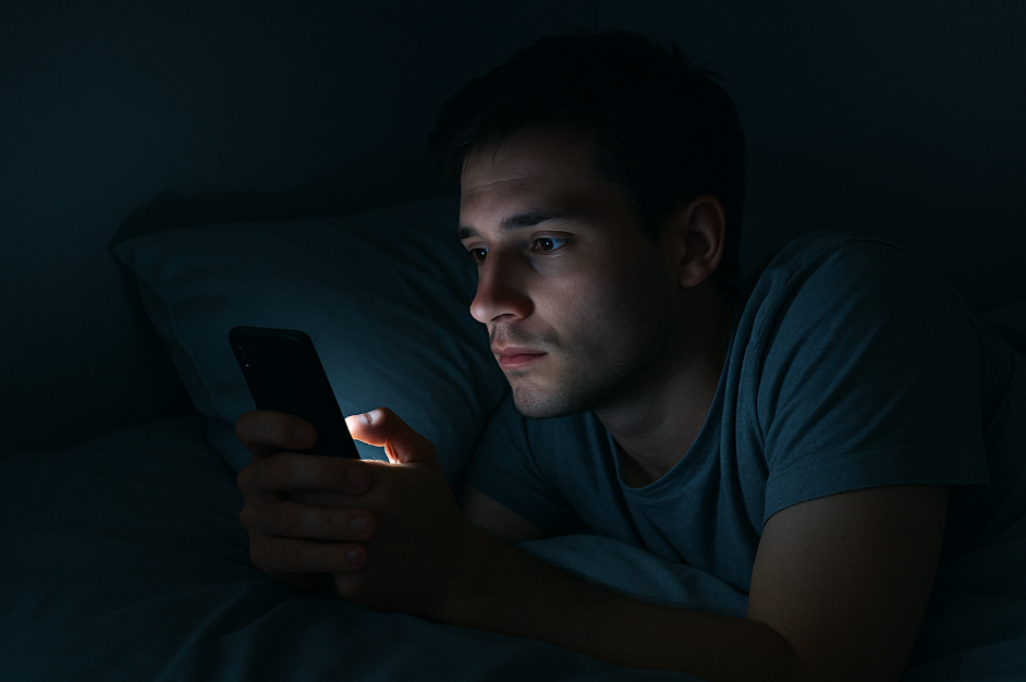 침대에 누워 어두운 방 안에서 스마트폰을 보고 있는 청년의 모습