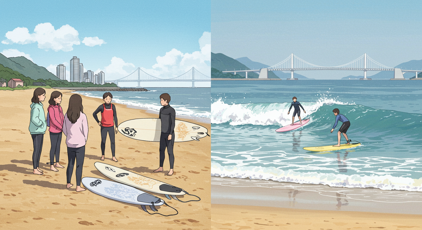 광안리 서핑 초보 강습 장면