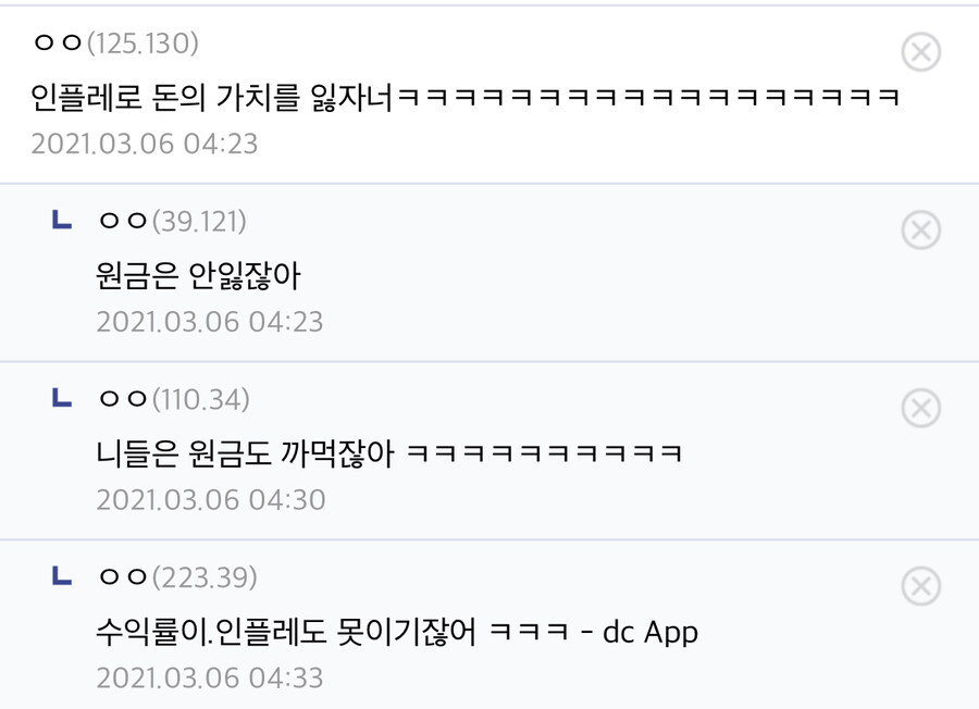 ㅇㅇ(125.130) 
인플레로 돈의 가치를 잃자너ㅋㅋㅋㅋㅋㅋㅋㅋㅋㅋㅋㅋㅋㅋㅋㅋㅋㅋ 
2021.03.06 04:23 
L 
ㅇㅇ(39.121) 
원금은 안잃잖아 
2021.03.06 04:23 
ㄴㅇㅇ(110.34) 
니들은 원금도 까먹잖아 ㅋㅋㅋㅋㅋㅋㅋㅋㅋㅋ 
2021.03.06 04:30 
L 
ㅇㅇ(223.39) 
수익률이. 인플레도 못이기잖어 ㅋㅋㅋ - dc App 
2021.03.06 04:33