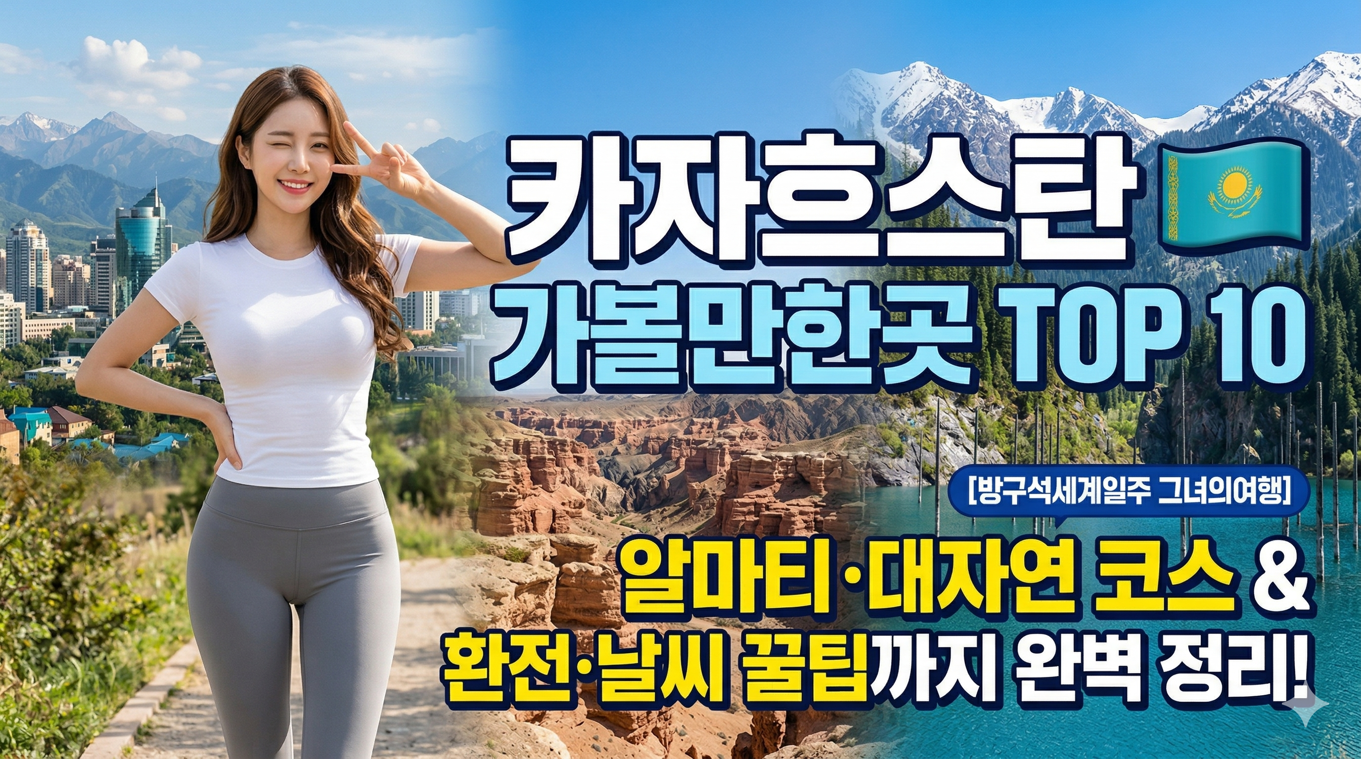 카자흐스탄 가볼만한곳 TOP 10 메인 썸네일. 알마티 도심과 세련된 거리를 배경으로 V자 포즈를 취하며 웃고 있는 매력적인 여성 여행자의 모습.