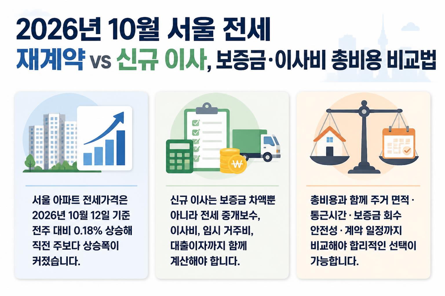 2026년 10월 서울 전세 재계약 vs 신규 이사, 보증금·이사비 총비용 비교법 핵심 요약 대표 이미지