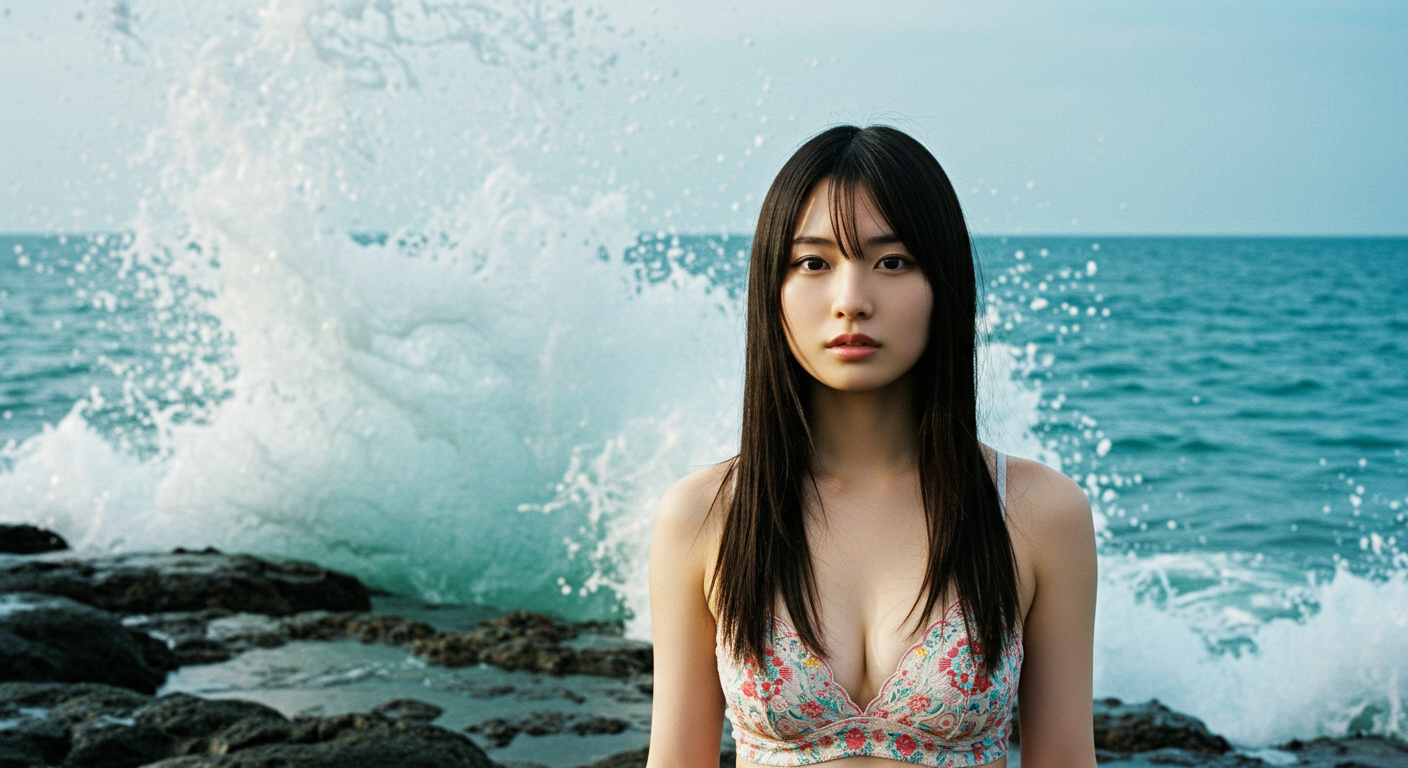 큰 파도 앞에 서있는 일본 여인