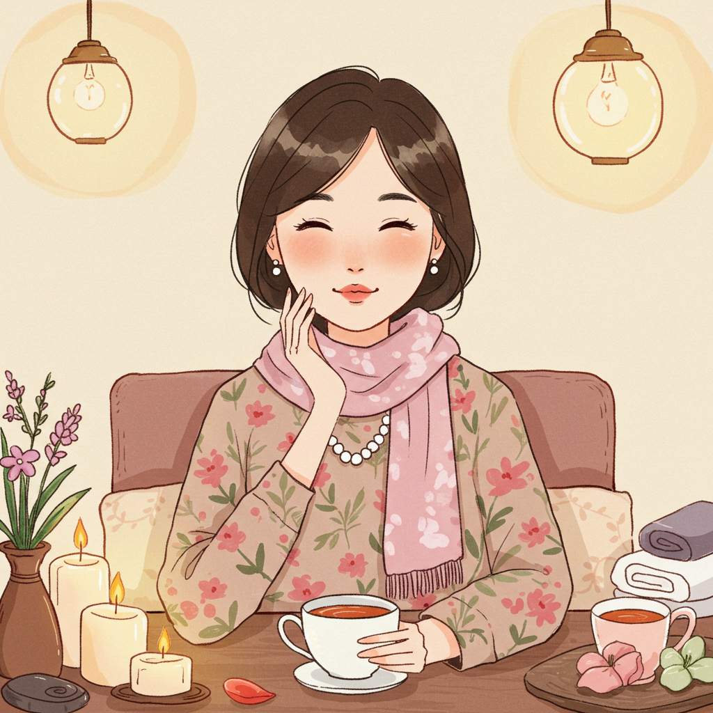 엄마 생일 선물 아이디어 추천, 우아하게 진주 목걸이와 스카프를 한 한국인 엄마가 스파·웰빙 선물과 함께 촛불과 허브티를 즐기는 힐링 일러스트, 패션선물·웰빙선물 강조
