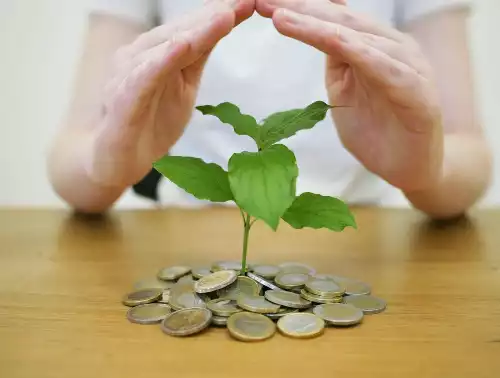 동전 위에 자라는 새싹을 보호하는 손, 복리의 힘 저축과 투자로 자산을 키우는 이미지