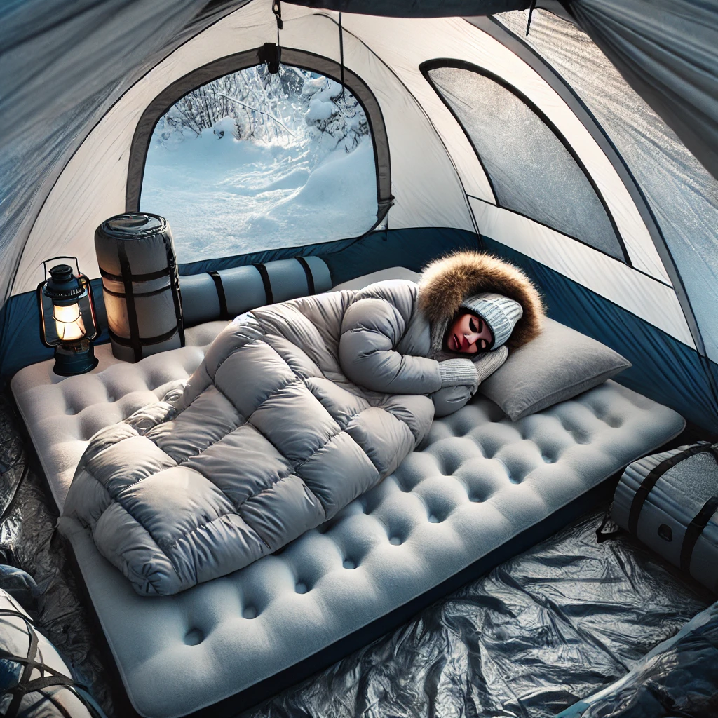 겨울 캠핑장에서 방한용품들을 활용하여 따뜻하게 수면하고 있는 캠퍼의 모습이 표현된 사진