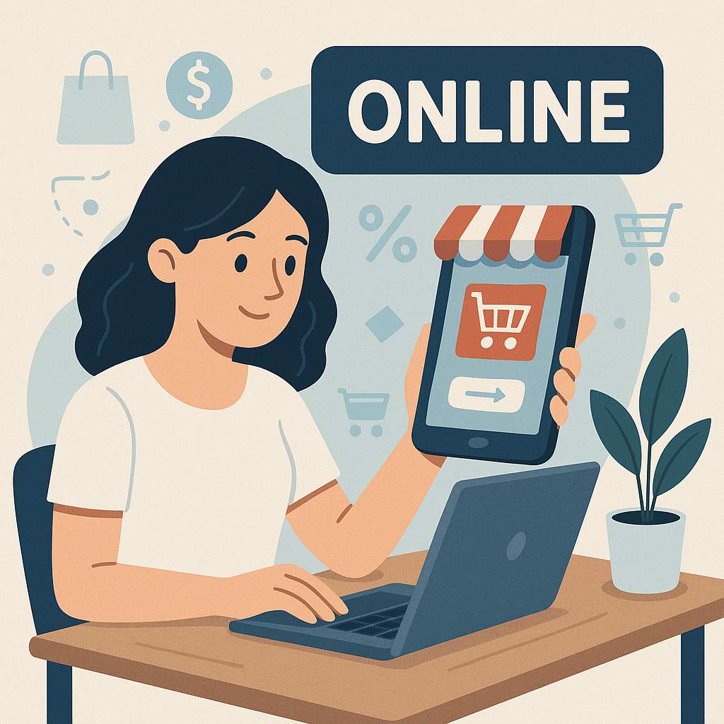 온라인 사업자가 컴퓨터와 스마트폰으로 일하고 있는 모습