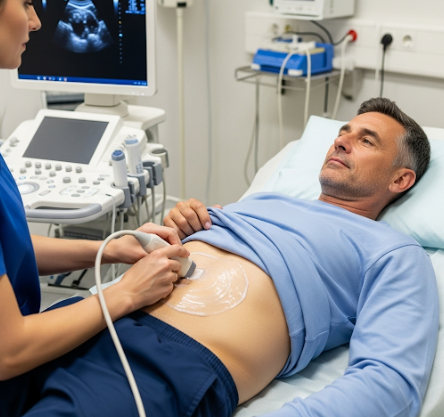 복부초음파 검사를 받고있는 남성의 사진