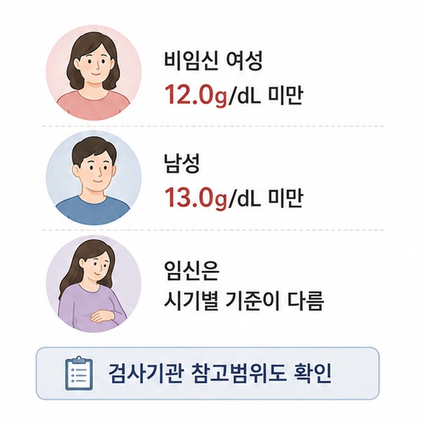 성인 남성과 비임신 여성, 임산부의 헤모글로빈 빈혈 기준이 서로 다르며 검사기관의 참고범위도 함께 확인해야 함을 보여 주는 그림