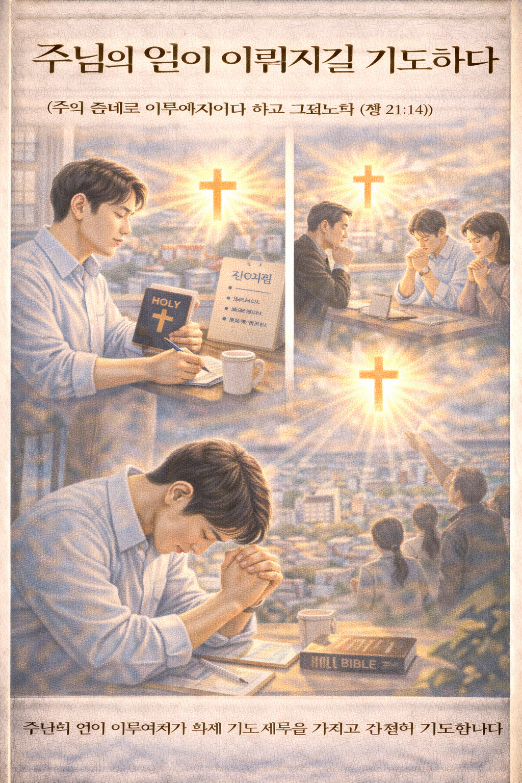 행 21:14 말씀을 보며, 주께서 원하시는 것이 이뤄지는 것을 바라보며, 그것이 기도제목이 되고 그것을 위해 행동하는 순종이 필요함을 생각하게 되었고, 주님의 일이 이뤄지기 위해 기도제목을 가지고 간절히 기도하는 시간을 갖는 모습입니다.