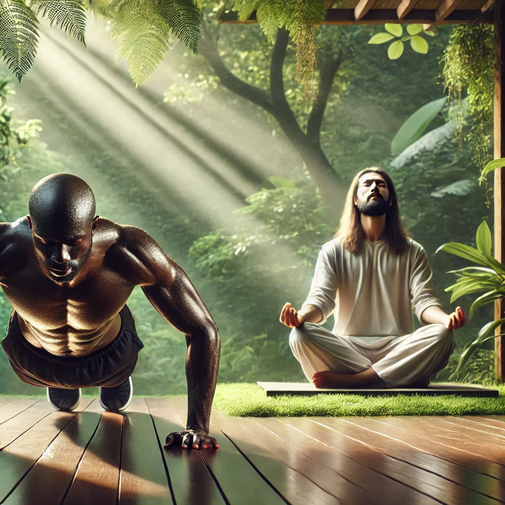 한 사람은 명상 중이고 한사람은 운동중인 모습