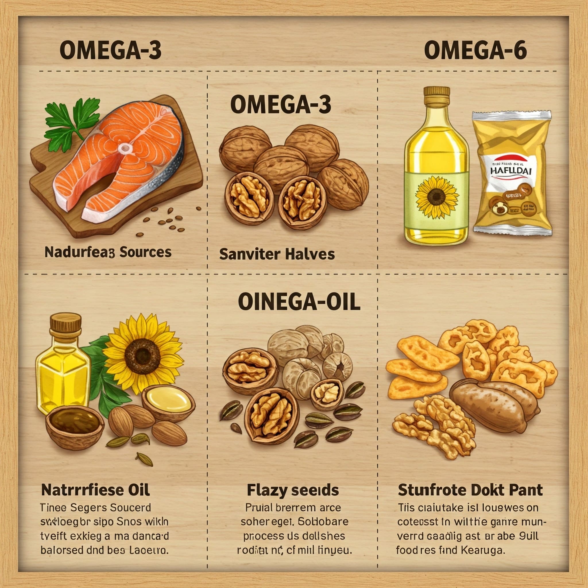 오메가-3 식품(연어, 호두, 아마씨)과 오메가-6 식품(해바라기유, 가공식품)을 대비해서 정리한 표 형태 / 건강 잡지 스타일 / 따뜻한 네추럴 톤