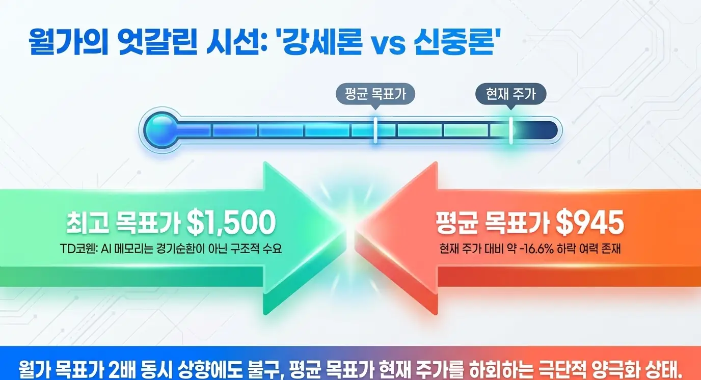 마이크론 주가전망: 마이크론 목표주가를 둘러싼 월가의 강세론과 신중론을 온도계와 화살표로 대비한 이미지. 최고 목표가 1,500달러와 평균 목표가 945달러가 현재 주가를 밑도는 양극화 상태를 시각화하며, 마이크론 목표주가 전망 섹션을 설명함