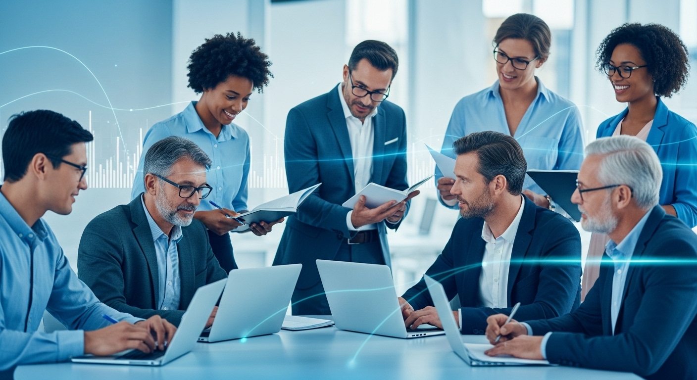 2025년 내일배움카드를 활용하여 IT, 디자인 등 미래 유망 분야 국비지원 교육을 받는 다양한 연령대의 학습자들이 활기찬 분위기 속에서 함께 공부하고 있는 모습.