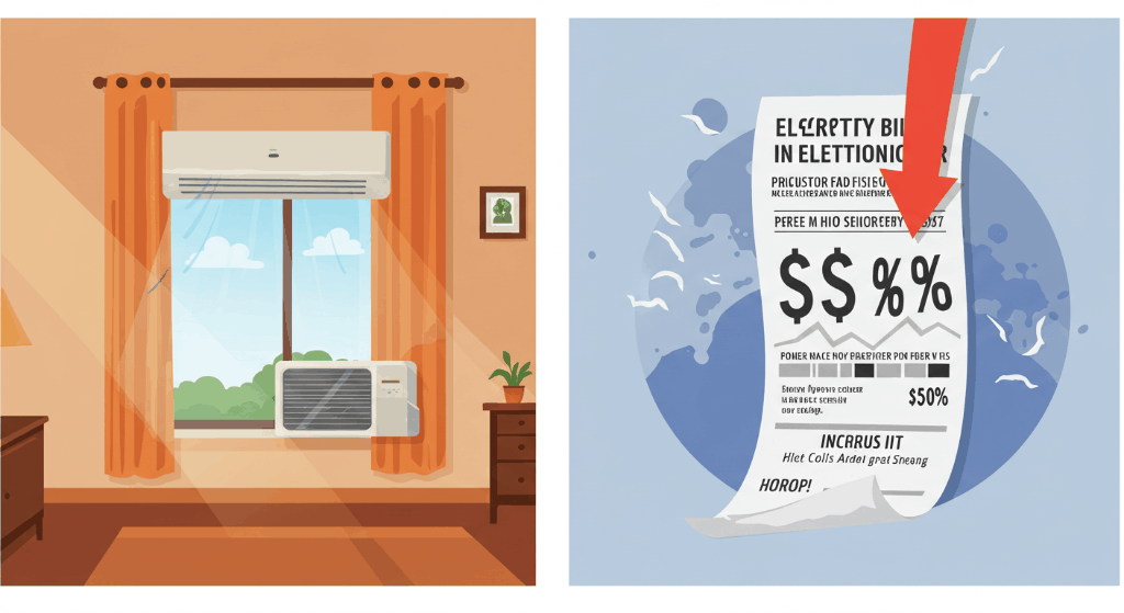 에어컨 사용 중이지만 전기료가 떨어지고 있음을 보여주는 이미지