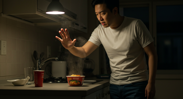 한국 남성이 밤에 라면을 먹으려다 멈추는 장면