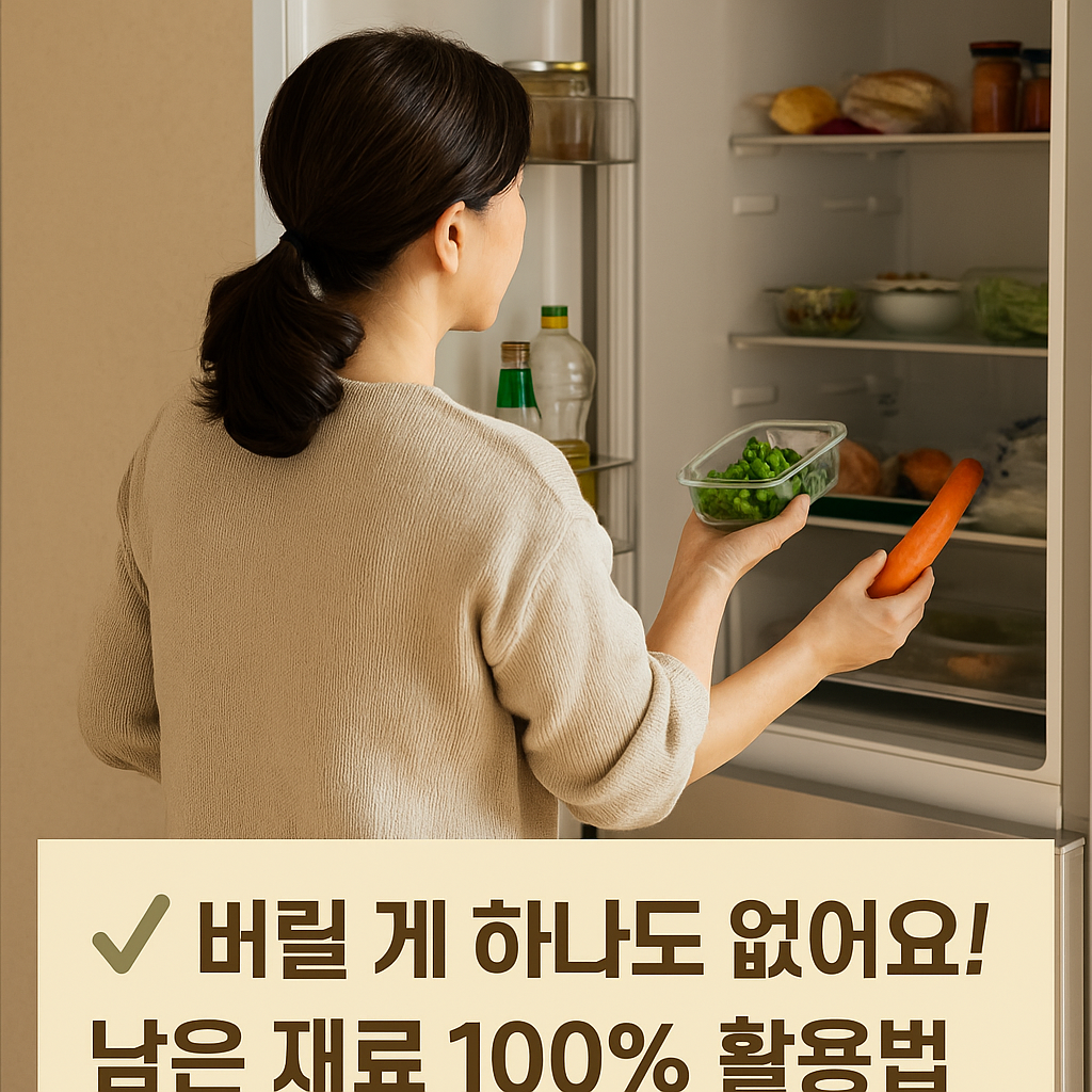냉장고 앞에서 남은 재료를 꺼내 정리하는 이미지