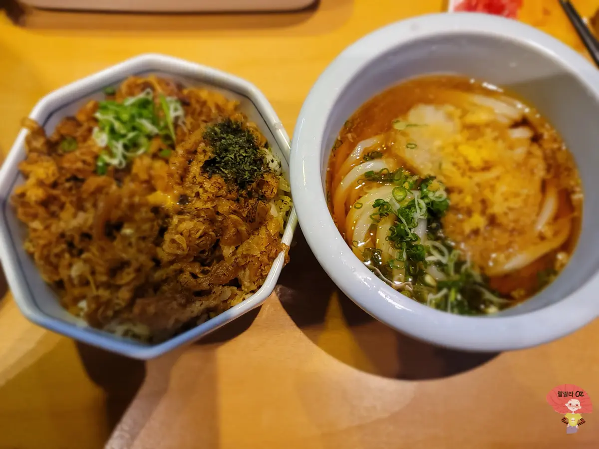 경기-구리시-맛집-우동-키노야-그릇에-담긴-규돈과-냉우동-세트