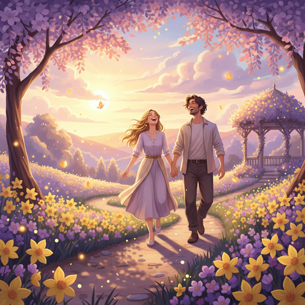 연애 초반의 설렘을 간직한 채 보랏빛과 노란빛 꽃이 만개한 공원을 걷는 행복한 커플의 모습. 따뜻하고 로맨틱한 분위기 속에서 서로에게 미소 짓는 연인의 건강한 관계를 상징합니다.
