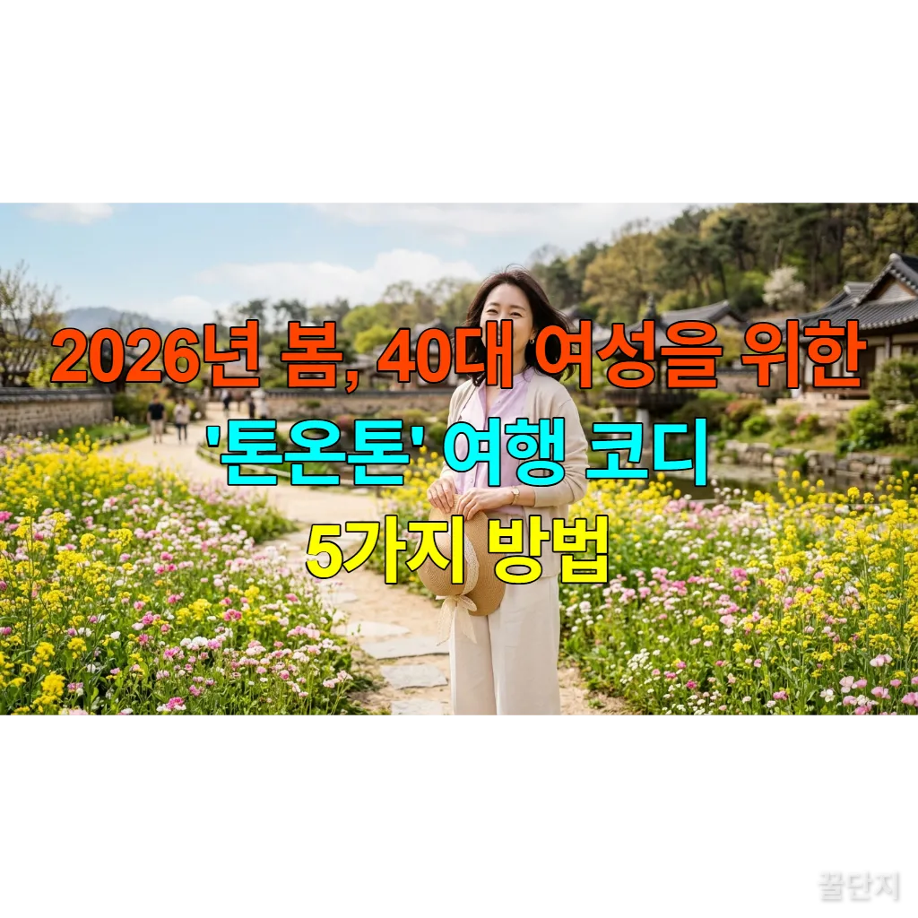 2026년 봄, 40대 여성을 위한 톤온톤 여행 코디를 한 한국 여성이 꽃밭에서 미소 짓고 있다.