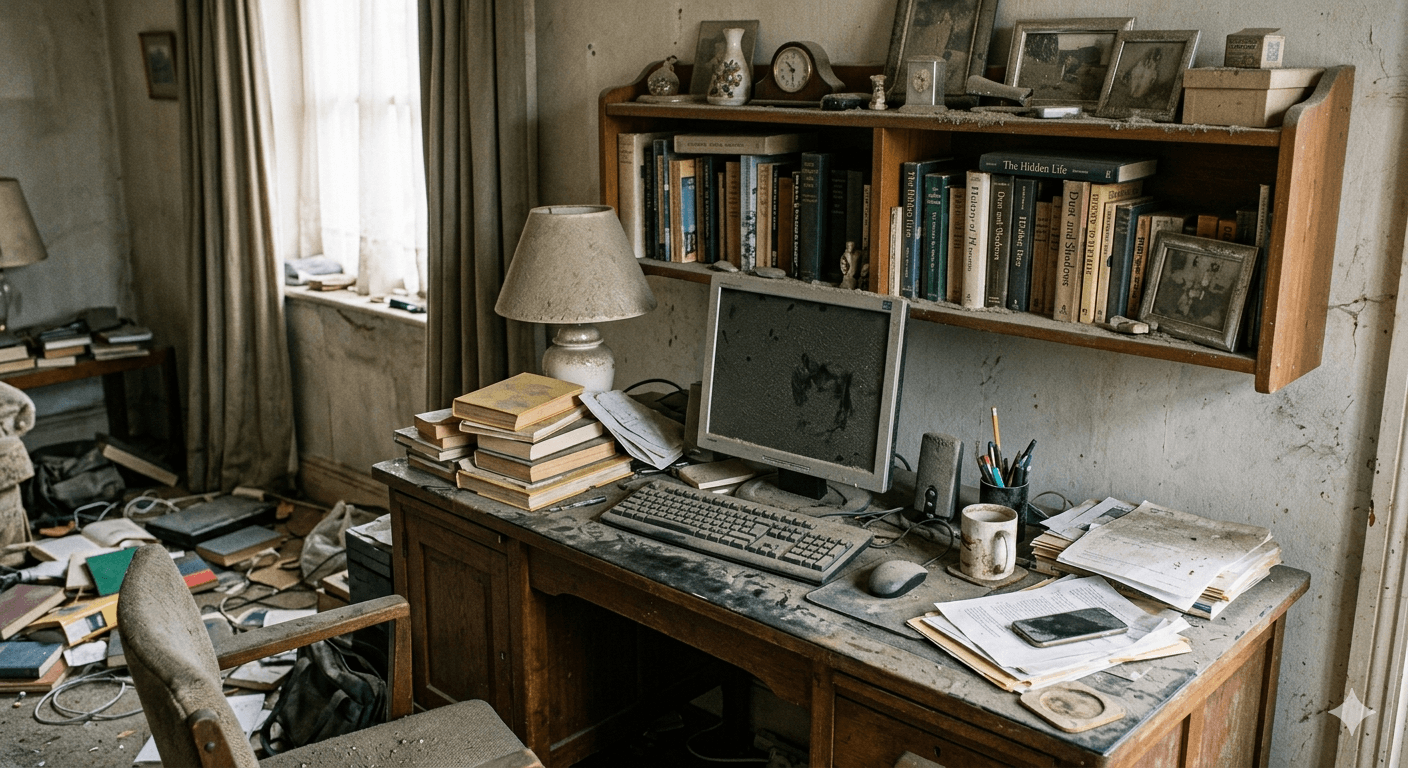 책상 위와 선반 위에 먼지가 쌓인 생활 공간 사진