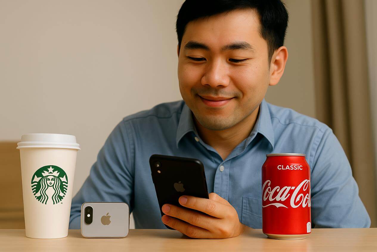 스타벅스 컵과 코카콜라 캔 옆에서 스마트폰을 보는 청년 모습.