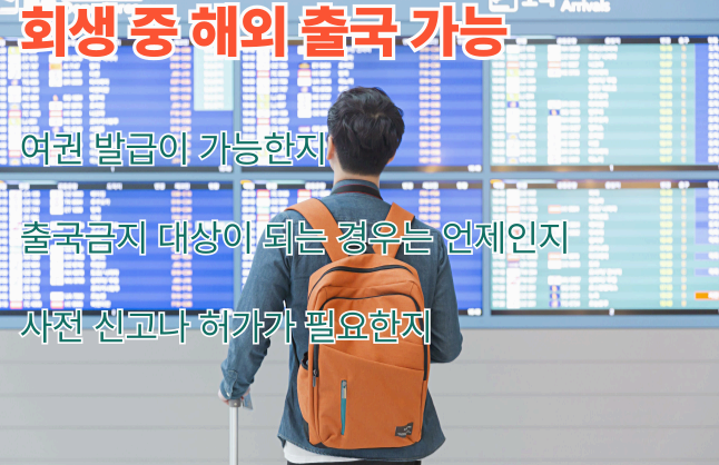 공항 전광판 앞에서 출국 준비 중인 남성. 회생 중 해외 출국 가능성과 여권 발급, 출국금지 여부, 사전 신고 필요 여부에 대한 정보 안내 이미지.