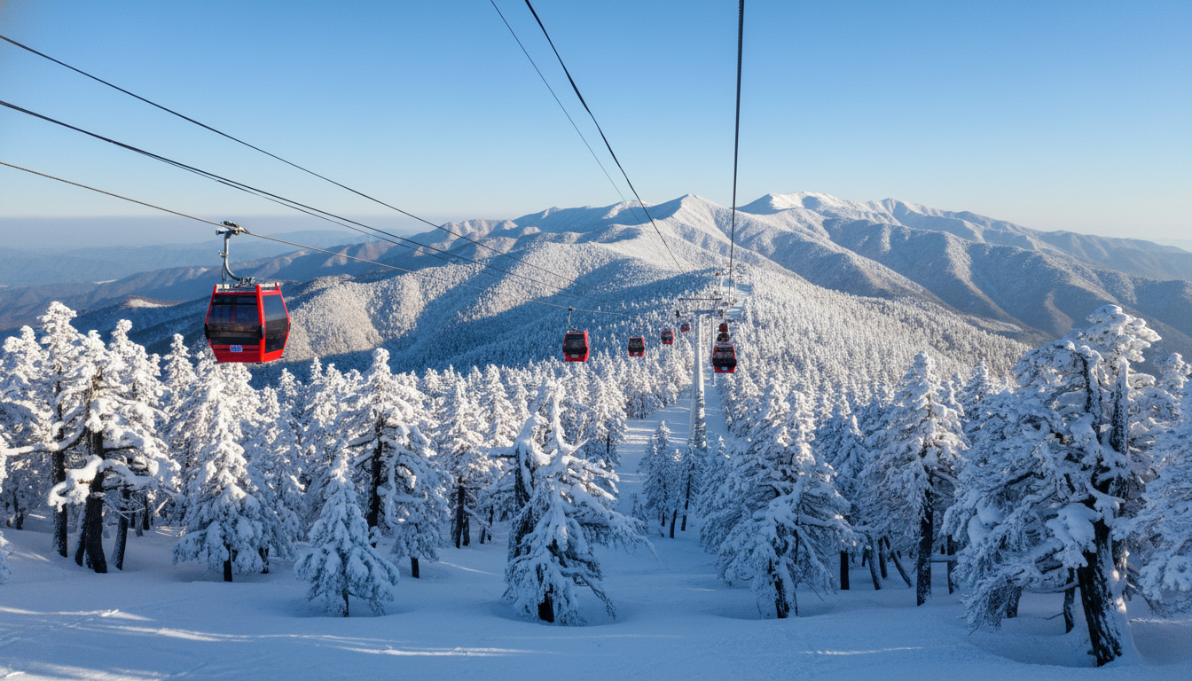 2026년 겨울, 하얀 눈으로 뒤덮인 평창 발왕산의 장엄한 설경과 운행 중인 관광 케이블카의 모습