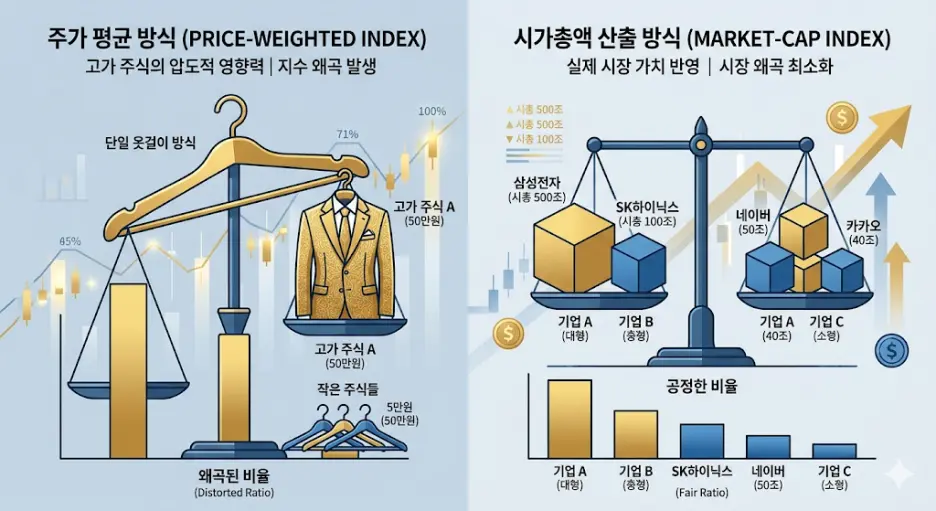 주가 평균 방식과 시가총액 산출 방식의 왜곡을 보여주는 인포그래픽 개념도
