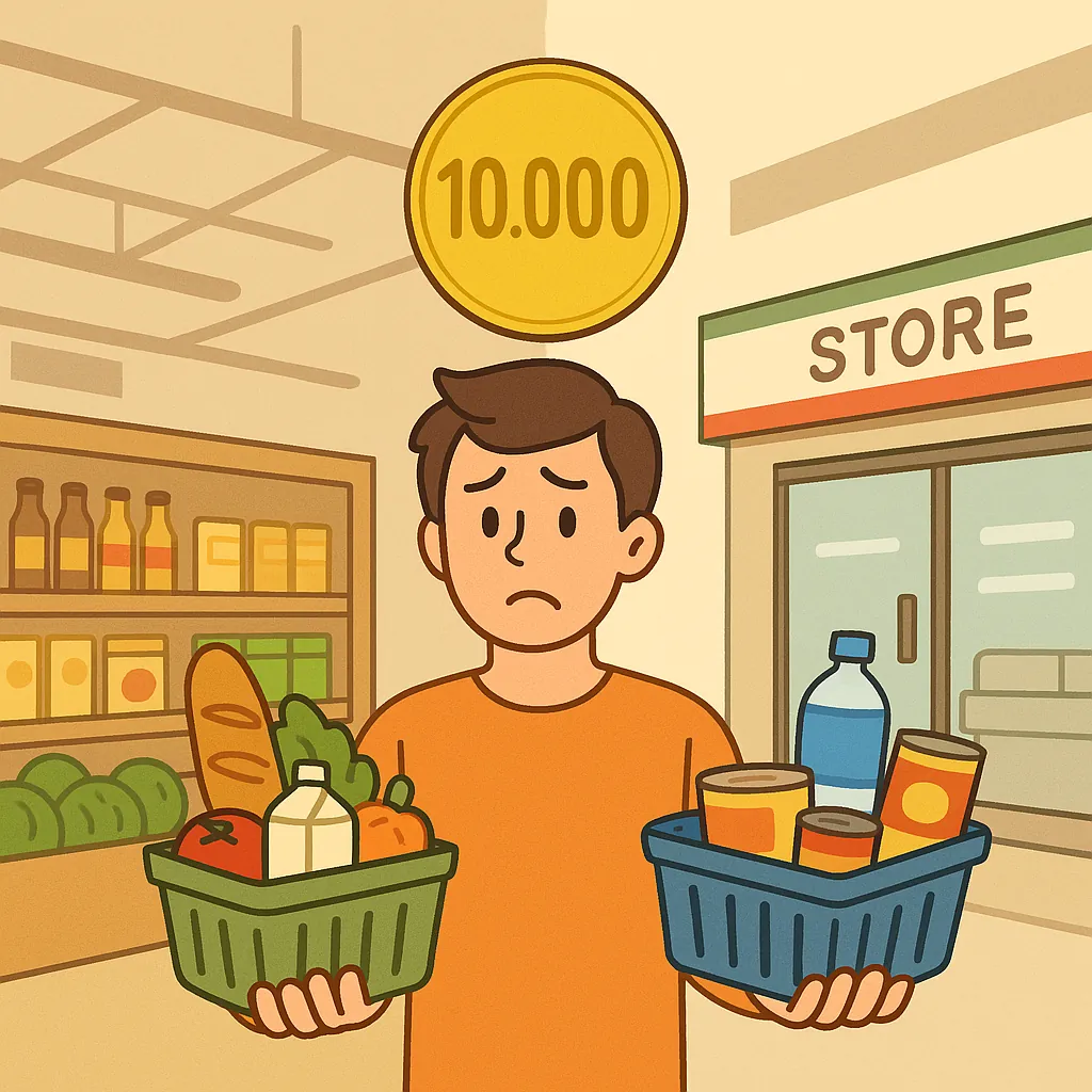 대형마트와-편의점의-장보기-가격-비교를-상징적으로-나타낸-일러스트