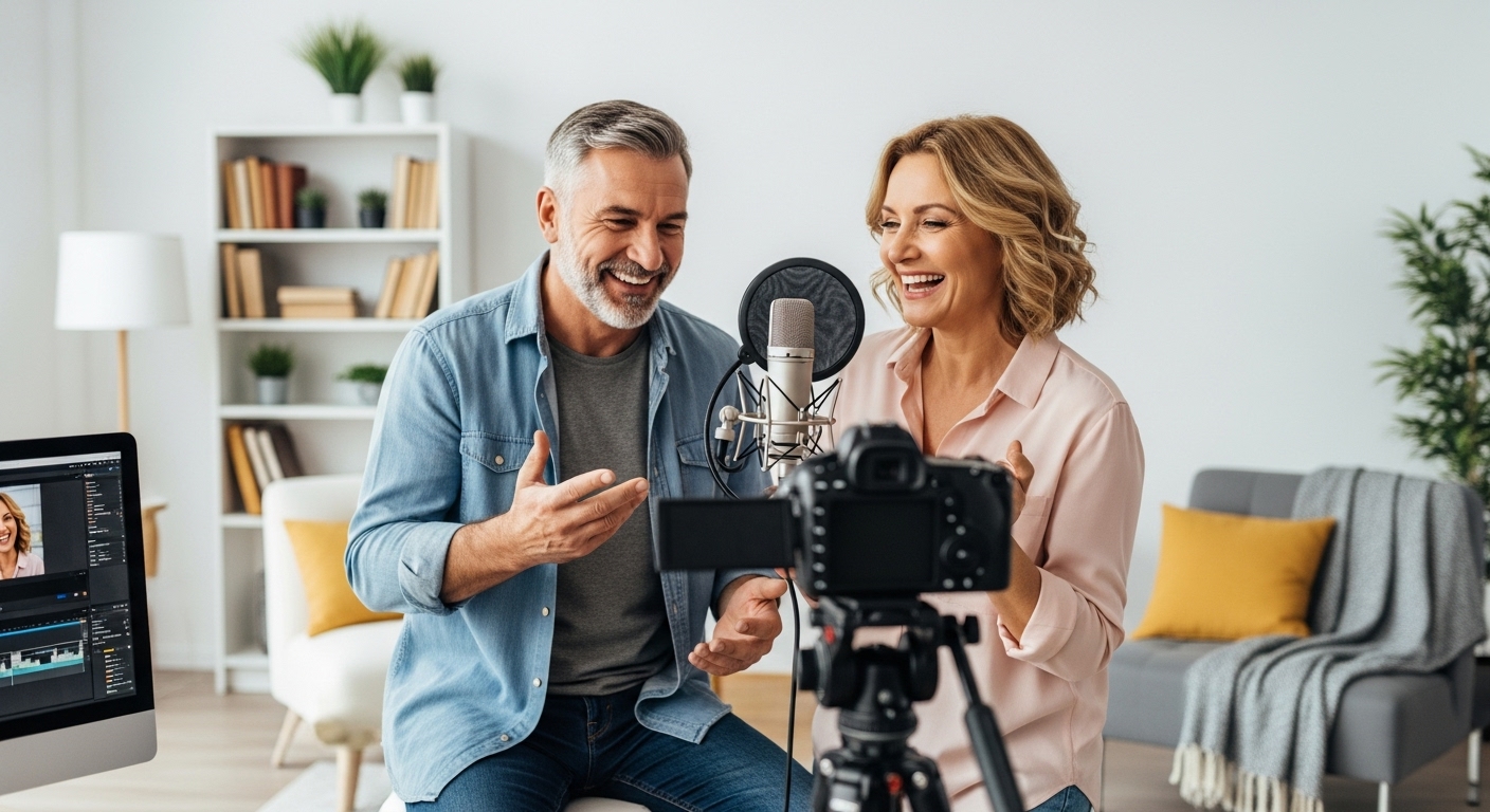 유튜브 채널을 운영하며 온라인 콘텐츠를 제작하는 중년 부부의 활기찬 모습