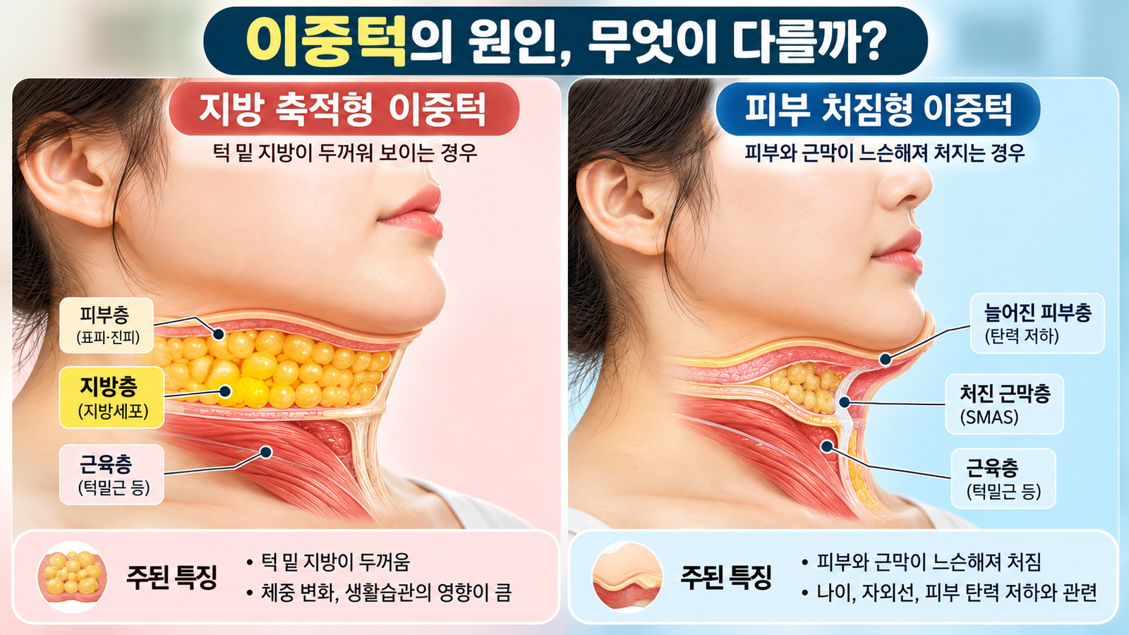 지방이 두껍게 쌓인 이중턱과 피부 탄력이 낮아져 처진 이중턱의 차이를 단면과 옆모습으로 설명한 상담 참고 일러스트
