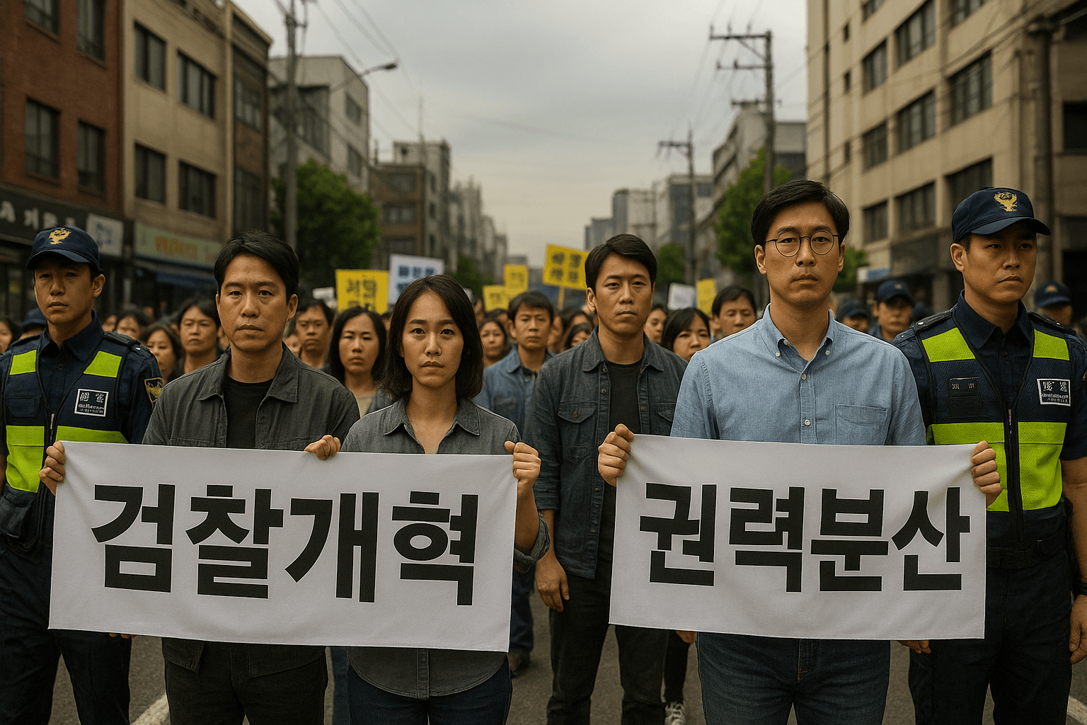 서울 도심에서 한국인 시민들이 &ldquo;검찰개혁&rdquo;&amp;#44; &ldquo;권력분산&rdquo;이라고 적힌 피켓을 들고 시위하는 장면 1