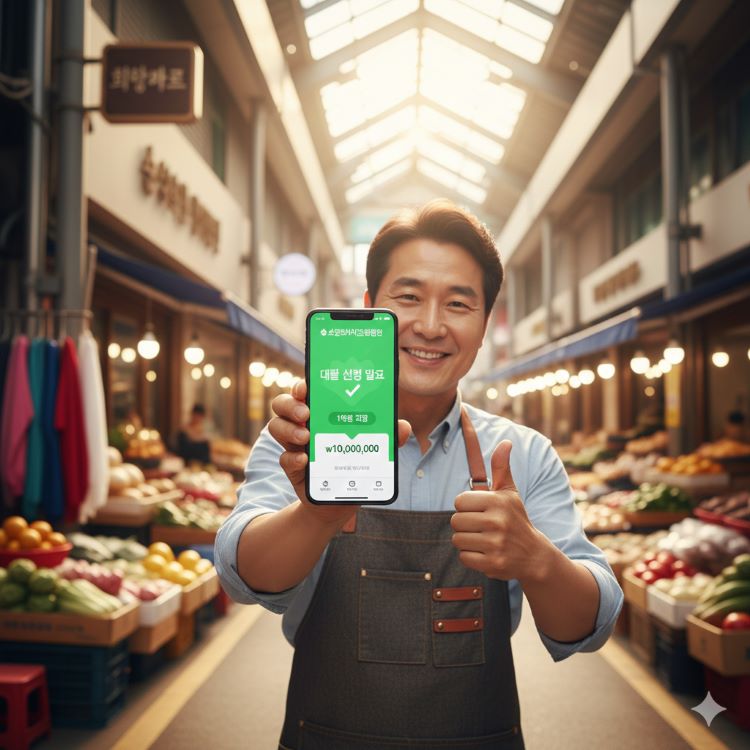 소상공인이 소상공인시장진흥공단 앱으로 대출 신청 화면을 보며 웃는 장면. 전통시장과 매장 배경, 1억 원 대출 그래픽, 희망적이고 활기찬 분위기
