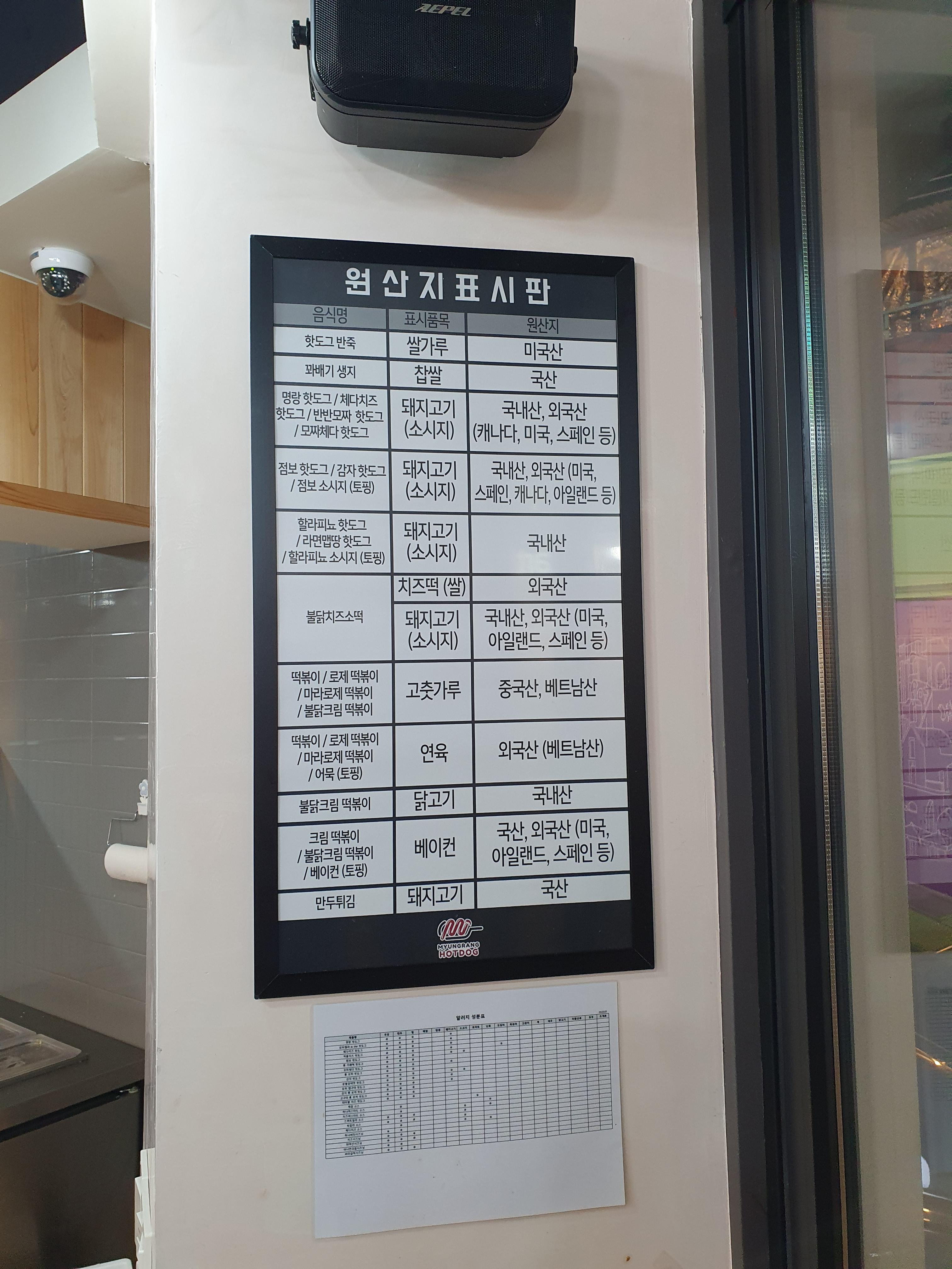 궁동 명량핫도그 원산지표